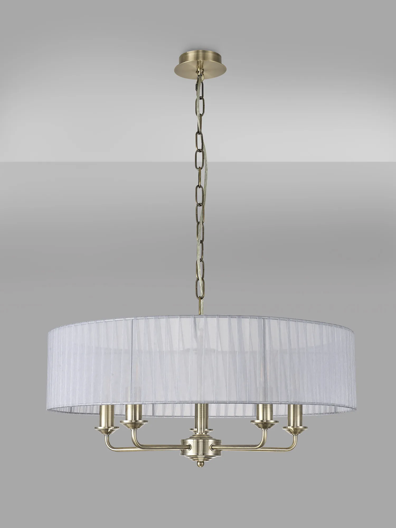 Banyan 5 Light Multi Arm Pendant With 60cm x 15cm Organza Shade Antique Brass/Grey DK0872  Deco Banyan AB GR